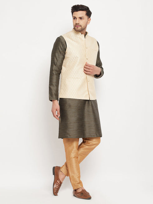 Vastramay Men's Cream Silk Blend Jacket with Kurta Pant Set