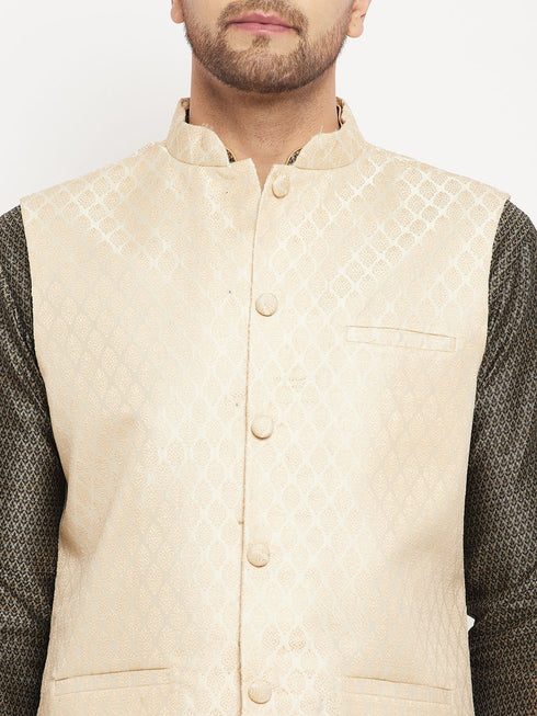 Vastramay Men's Cream Silk Blend Jacket with Kurta Pant Set