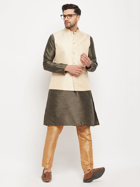 Vastramay Men's Cream Silk Blend Jacket with Kurta Pant Set
