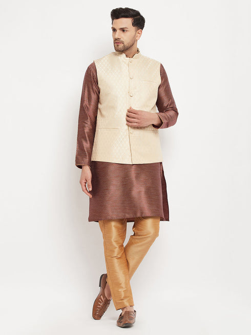 Vastramay Men's Cream Silk Blend Jacket with Kurta Pant Set