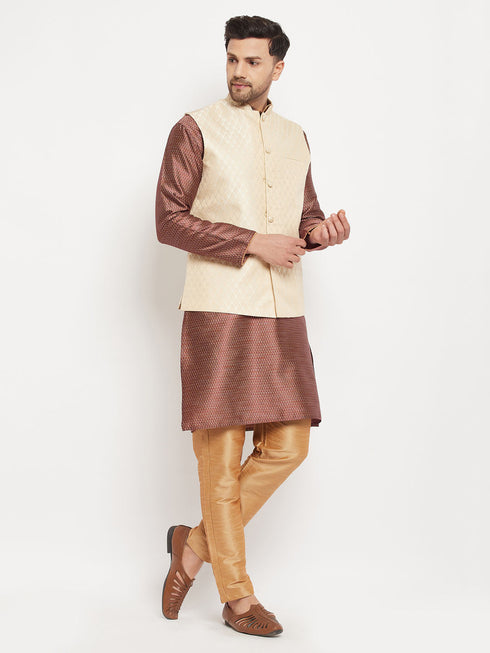 Vastramay Men's Cream Silk Blend Jacket with Kurta Pant Set
