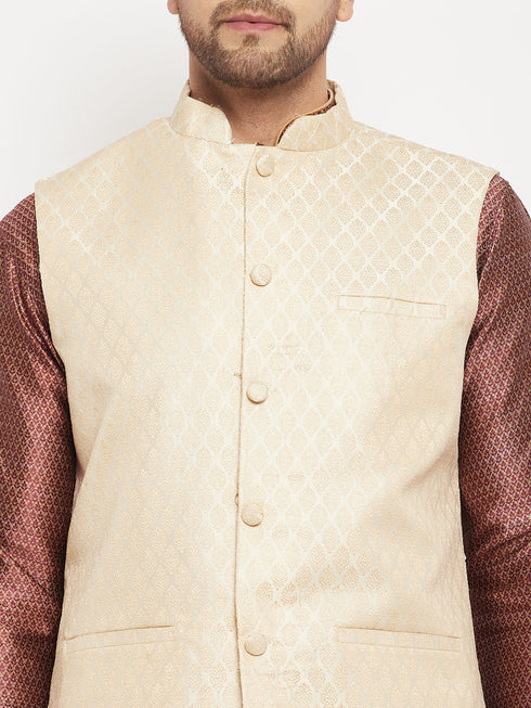 Vastramay Men's Cream Silk Blend Jacket with Kurta Pant Set
