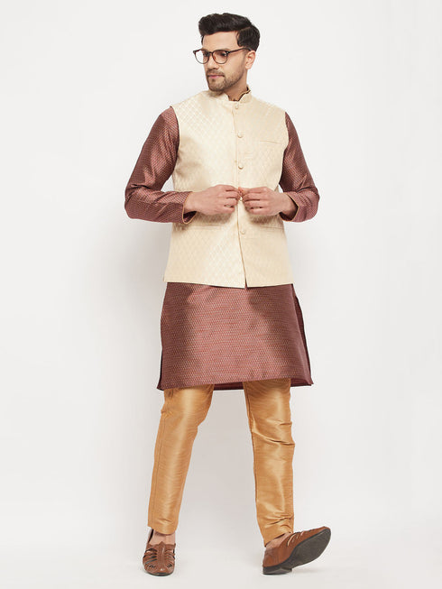 Vastramay Men's Cream Silk Blend Jacket with Kurta Pant Set