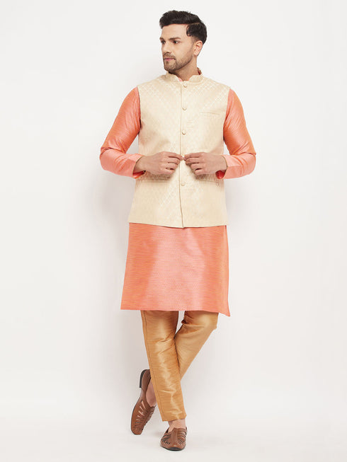 Vastramay Men's Cream Silk Blend Jacket with Kurta Pant Set