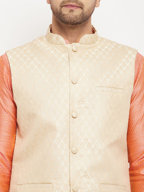 Vastramay Men's Cream Silk Blend Jacket with Kurta Pant Set