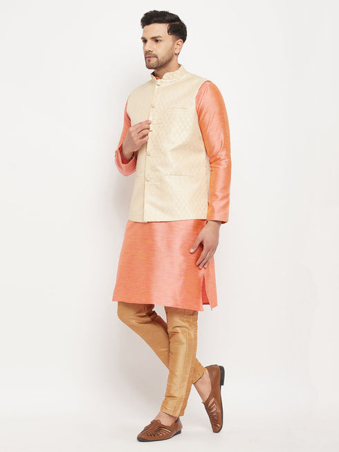 Vastramay Men's Cream Silk Blend Jacket with Kurta Pant Set