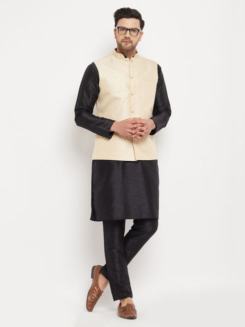 Vastramay Men's Cream Silk Blend Jacket with Kurta Pant Set