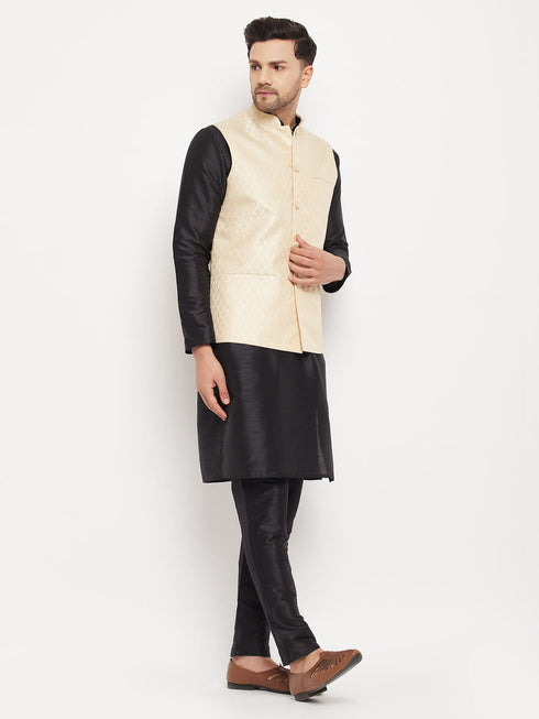 Vastramay Men's Cream Silk Blend Jacket with Kurta Pant Set