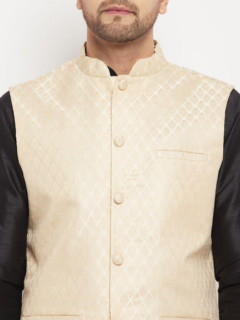 Vastramay Men's Cream Silk Blend Jacket with Kurta Pant Set