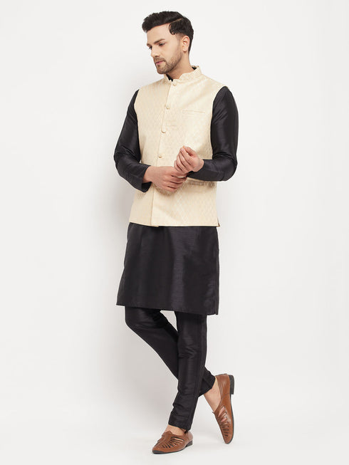 Vastramay Men's Cream Silk Blend Jacket with Kurta Pant Set