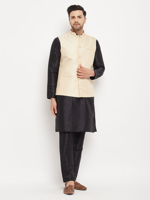 Vastramay Men's Cream Silk Blend Jacket with Kurta Pant Set