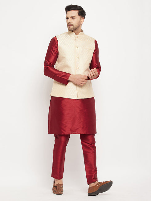 Vastramay Men's Cream Silk Blend Jacket with Kurta Pant Set