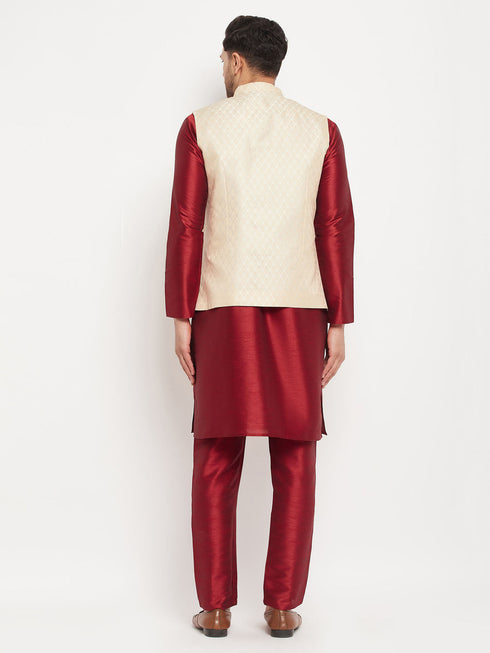 Vastramay Men's Cream Silk Blend Jacket with Kurta Pant Set