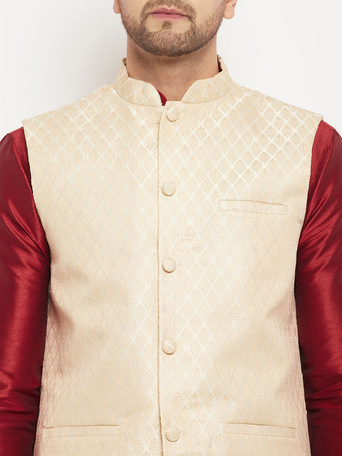 Vastramay Men's Cream Silk Blend Jacket with Kurta Pant Set