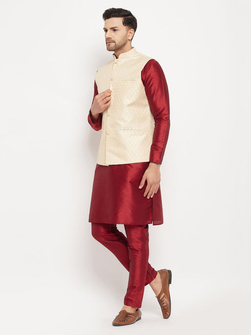 Vastramay Men's Cream Silk Blend Jacket with Kurta Pant Set