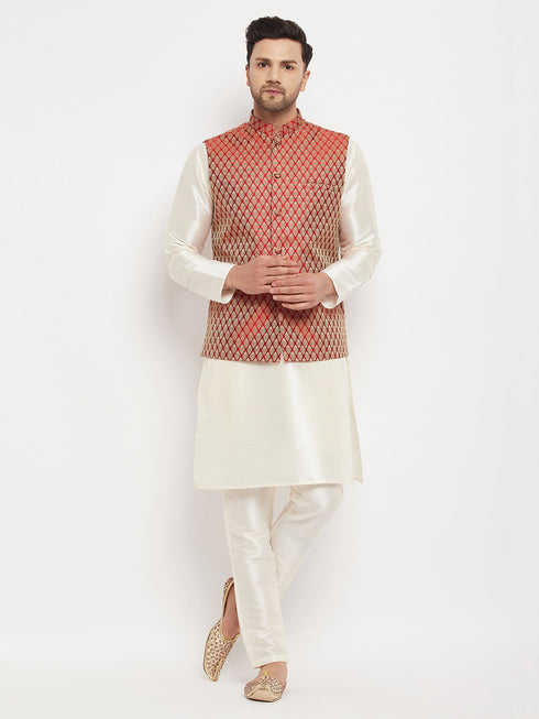 Vastramay Men's Maroon Silk Blend Jacket with Kurta Pant Set
