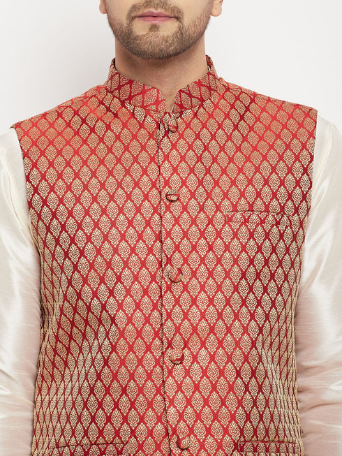 Vastramay Men's Maroon Silk Blend Jacket with Kurta Pant Set