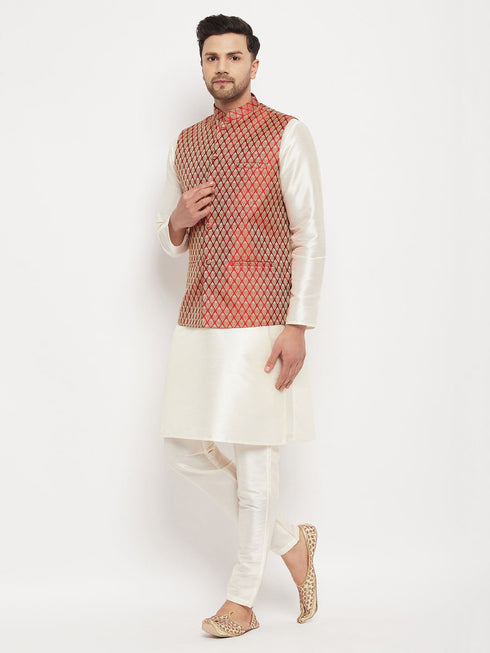 Vastramay Men's Maroon Silk Blend Jacket with Kurta Pant Set