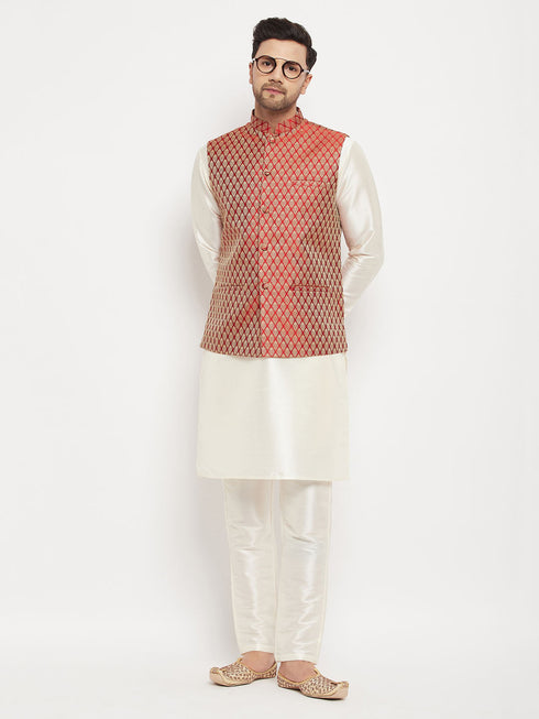 Vastramay Men's Maroon Silk Blend Jacket with Kurta Pant Set