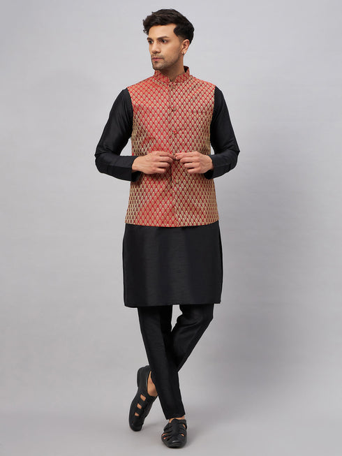 Vastramay Men's Maroon Silk Blend Jacket with Kurta Pant Set