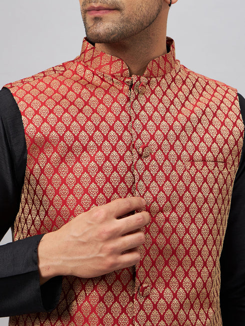 Vastramay Men's Maroon Silk Blend Jacket with Kurta Pant Set