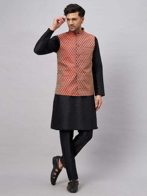 Vastramay Men's Maroon Silk Blend Jacket with Kurta Pant Set