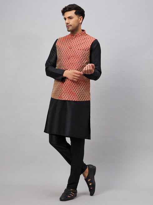 Vastramay Men's Maroon Silk Blend Jacket with Kurta Pant Set