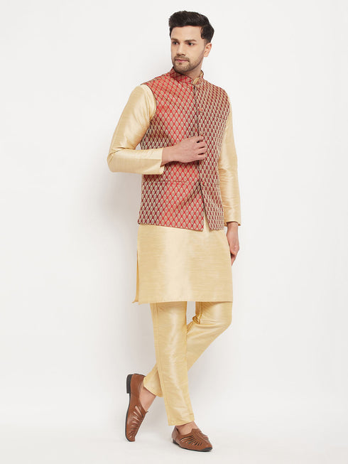 Vastramay Men's Maroon Silk Blend Jacket with Kurta Pant Set