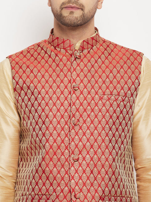 Vastramay Men's Maroon Silk Blend Jacket with Kurta Pant Set