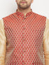 Vastramay Men's Maroon Silk Blend Jacket with Kurta Pant Set