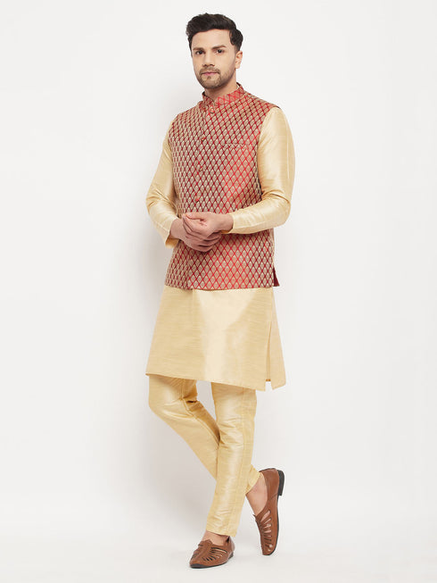 Vastramay Men's Maroon Silk Blend Jacket with Kurta Pant Set