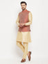 Vastramay Men's Maroon Silk Blend Jacket with Kurta Pant Set