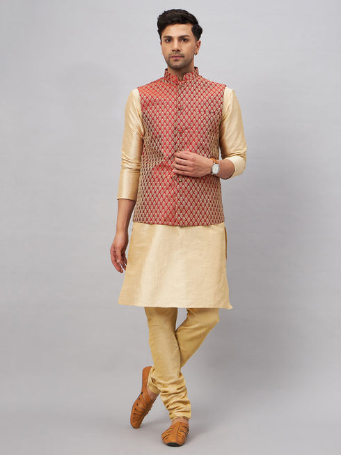 Vastramay Men's Maroon Silk Blend Jacket with Kurta Pyjama Set