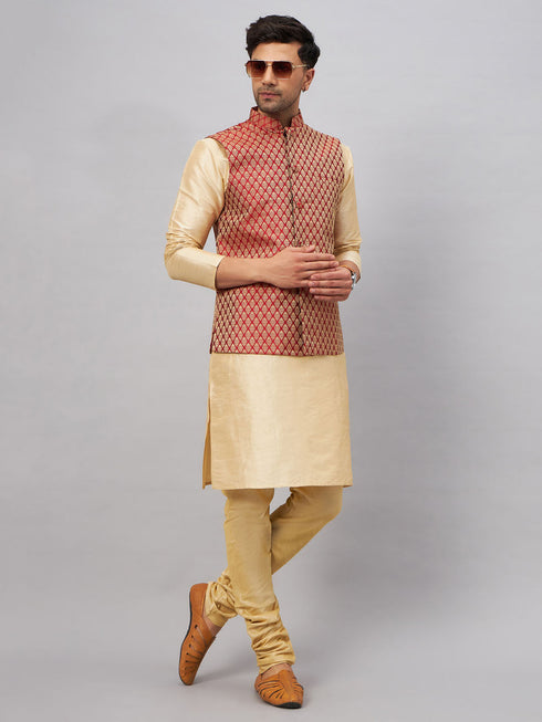Vastramay Men's Maroon Silk Blend Jacket with Kurta Pyjama Set