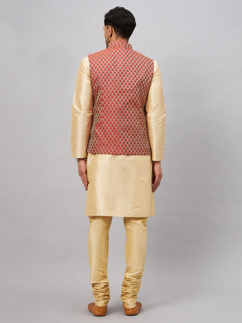 Vastramay Men's Maroon Silk Blend Jacket with Kurta Pyjama Set