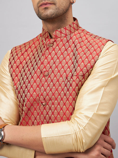 Vastramay Men's Maroon Silk Blend Jacket with Kurta Pyjama Set