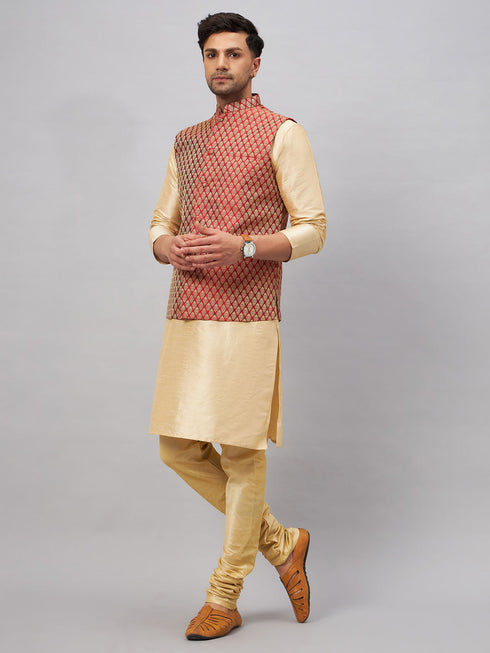 Vastramay Men's Maroon Silk Blend Jacket with Kurta Pyjama Set