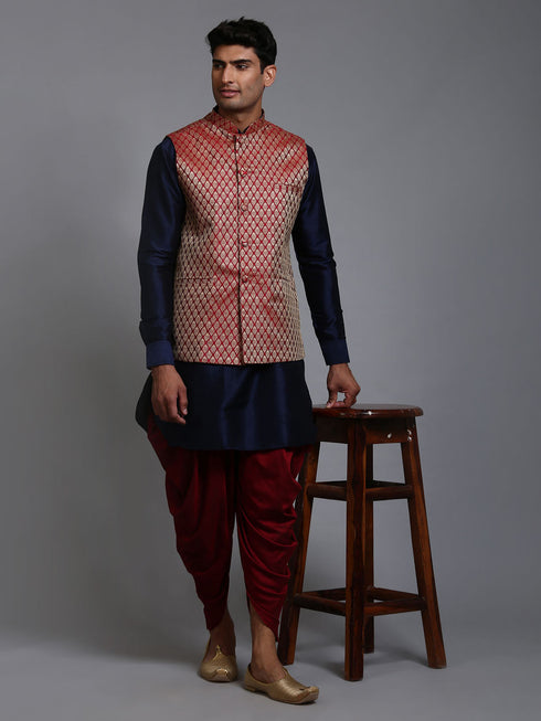 Vastramay Men's Maroon Silk Blend Jacket With Curved Kurta Dhoti Set