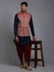 Vastramay Men's Maroon Silk Blend Jacket With Curved Kurta Dhoti Set