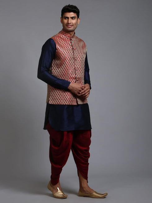 Vastramay Men's Maroon Silk Blend Jacket With Curved Kurta Dhoti Set