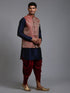 Vastramay Men's Maroon Silk Blend Jacket With Curved Kurta Dhoti Set