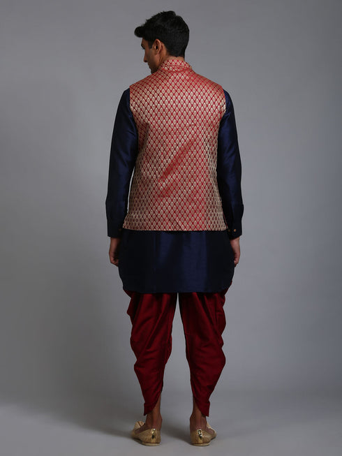 Vastramay Men's Maroon Silk Blend Jacket With Curved Kurta Dhoti Set