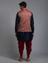 Vastramay Men's Maroon Silk Blend Jacket With Curved Kurta Dhoti Set