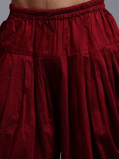 Vastramay Men's Maroon Silk Blend Jacket With Curved Kurta Dhoti Set