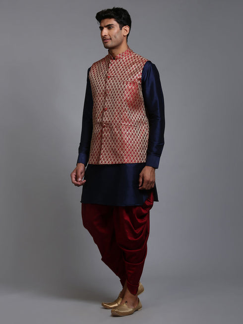 Vastramay Men's Maroon Silk Blend Jacket With Curved Kurta Dhoti Set