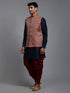 Vastramay Men's Maroon Silk Blend Jacket With Curved Kurta Dhoti Set