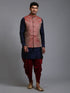 Vastramay Men's Maroon Silk Blend Jacket With Curved Kurta Dhoti Set