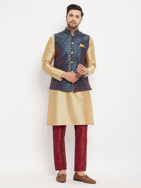 Vastramay Men's Blue Zari Weaved Jacket With Kurta Pant Set