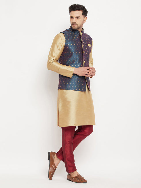 Vastramay Men's Blue Zari Weaved Jacket With Kurta Pant Set