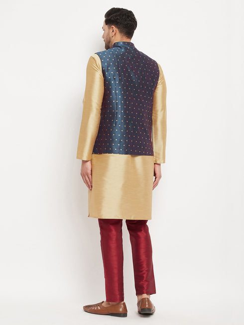 Vastramay Men's Blue Zari Weaved Jacket With Kurta Pant Set